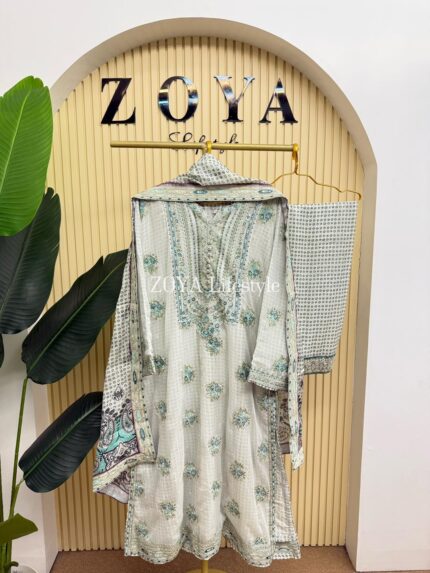 Ethnc inspired stitched 3 piece long kamiz set